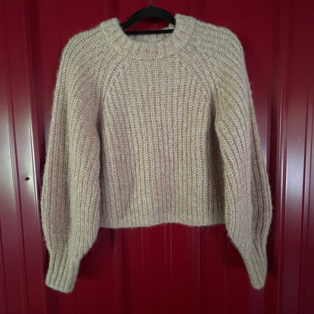 H&M Alpaca Blend Knit Sweater Balloon Sleeve Cropped Pullover Beige Sz XS Cozy